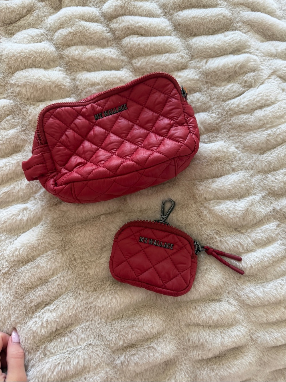 MZ Wallace Quilted Red Cosmetic Pouch with Matching Coin Key Case